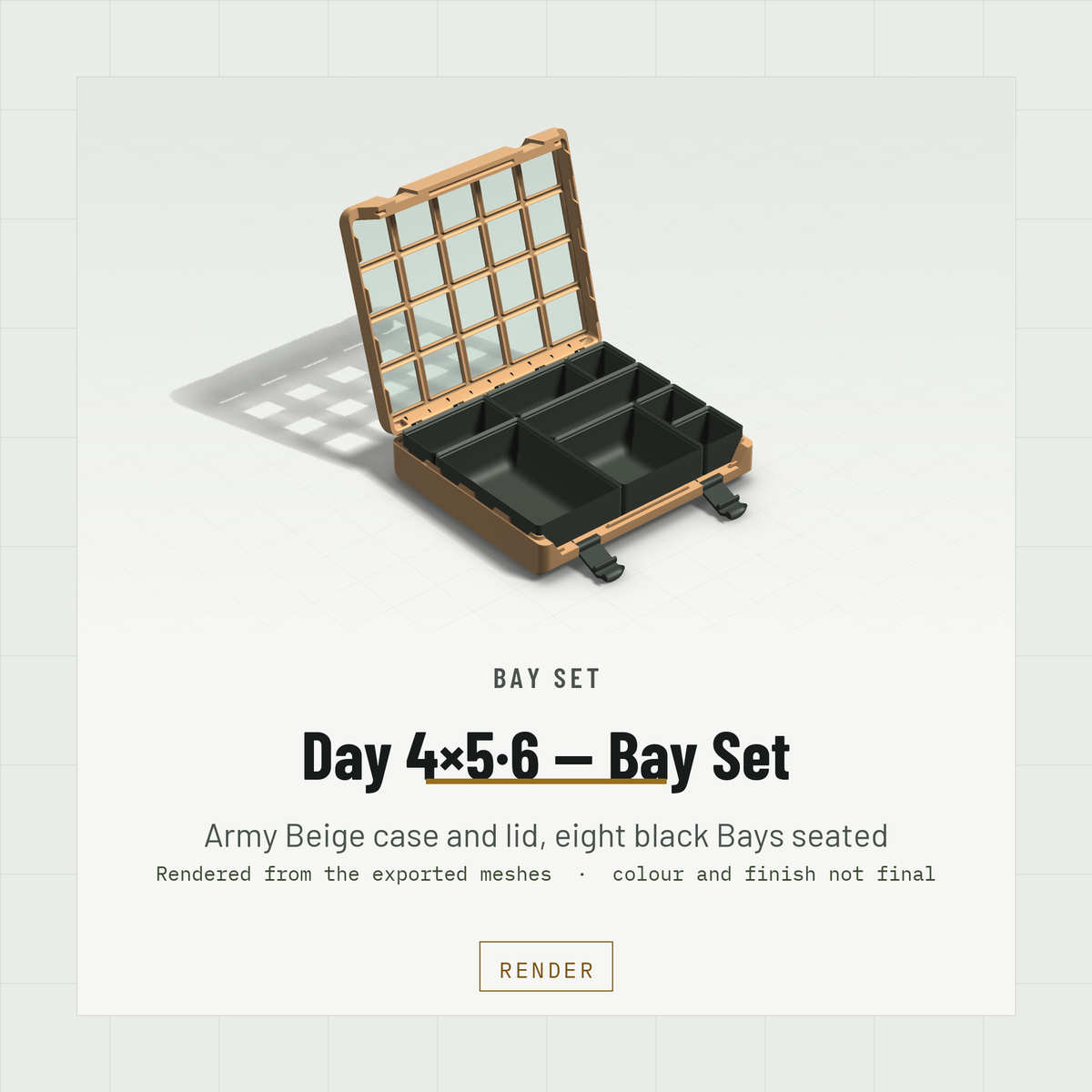 Day 4×5·6 Bay Set open, eight black Bay bins seated on the baseplate, Army Beige case and Army Beige lid (render)
