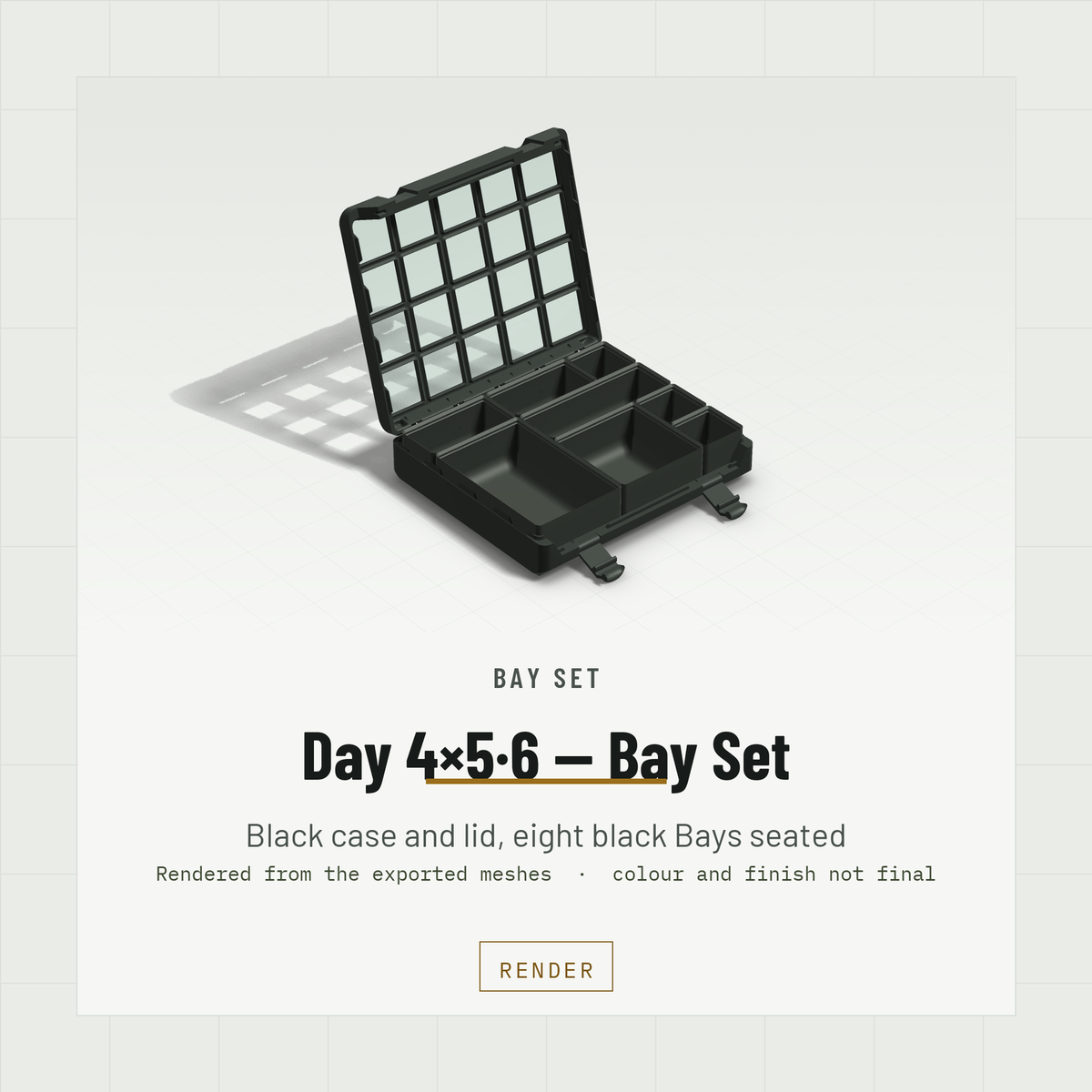 Day 4×5·6 Bay Set open, eight black Bay bins seated on the baseplate, Black case and Black lid (render)