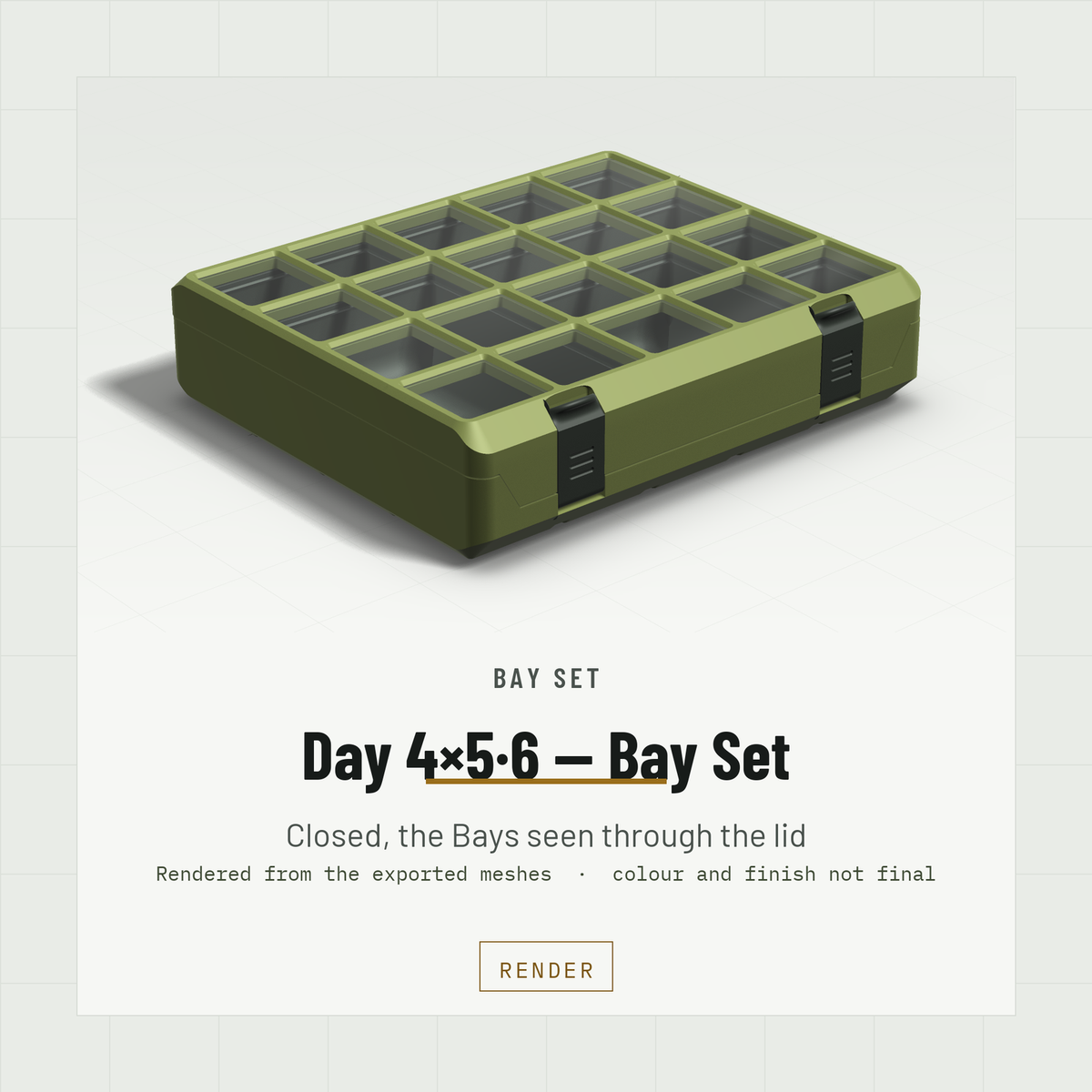 Day 4×5·6 Bay Set closed, three-quarter view, Army Green case and Army Green lid (render)