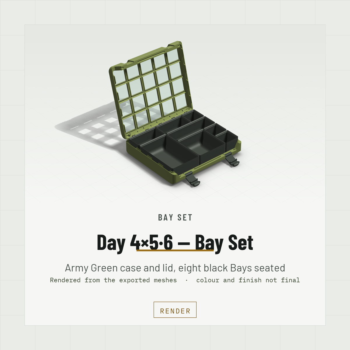 Day 4×5·6 Bay Set open, eight black Bay bins seated on the baseplate, Army Green case and Army Green lid (render)