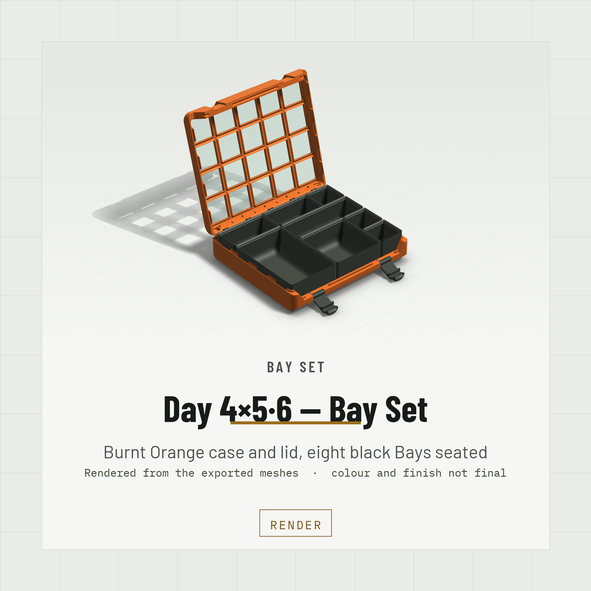 Day 4×5·6 Bay Set open, eight black Bay bins seated on the baseplate, Burnt Orange case and Burnt Orange lid (render)