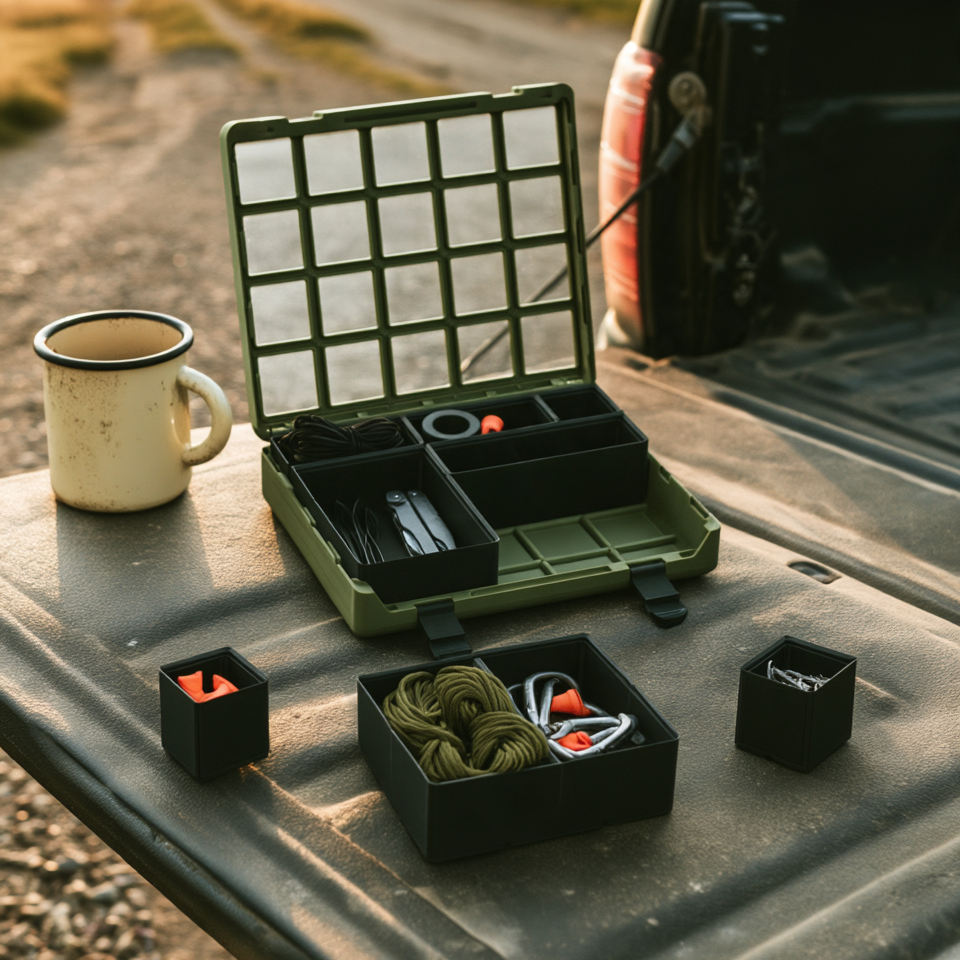 Day 4×5·6 Bay Set open in Army Green on the tailgate of a pickup truck at golden hour, three of its black Bay bins lifted out in front holding paracord, carabiners and ear plugs
