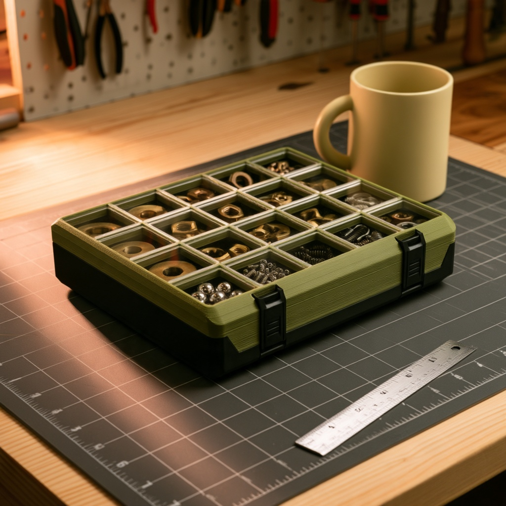 Day 4×5·6 closed, Black case and Army Green lid, on a workbench cutting mat beside a coffee mug and a steel rule