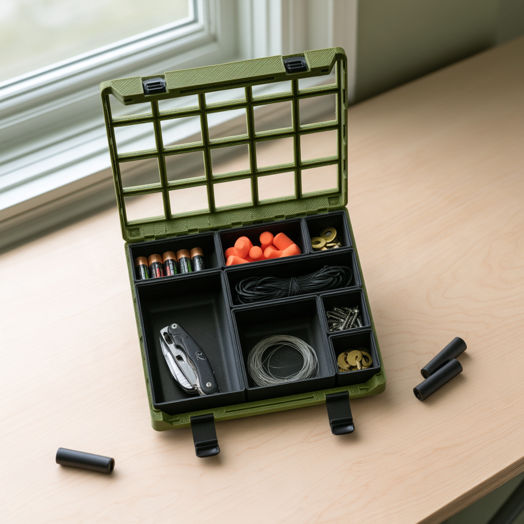 Day 4×5·6 open in Army Green on a birch desk, eight black Bay bins inside holding batteries, ear plugs, zip ties, wire and small parts