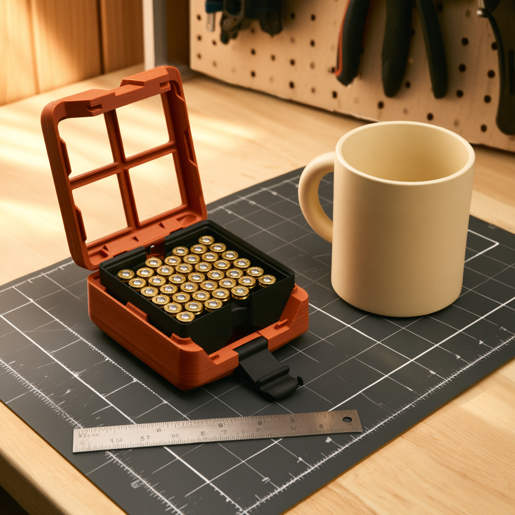 Pocket 2×2·6 open in Burnt Orange on a workbench cutting mat, a loaded Headcount 9×19 tray inside, beside a coffee mug and a steel rule