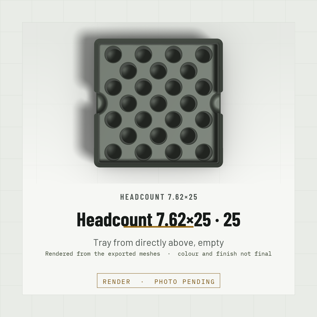 Headcount 7.62×25 2×2 tray, empty, from directly above showing the hex field of 25 bores (render)