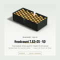 Headcount 7.62×25 2×4 tray loaded with 50 rounds, three-quarter view, heads standing 10 mm proud of the hex field (render)