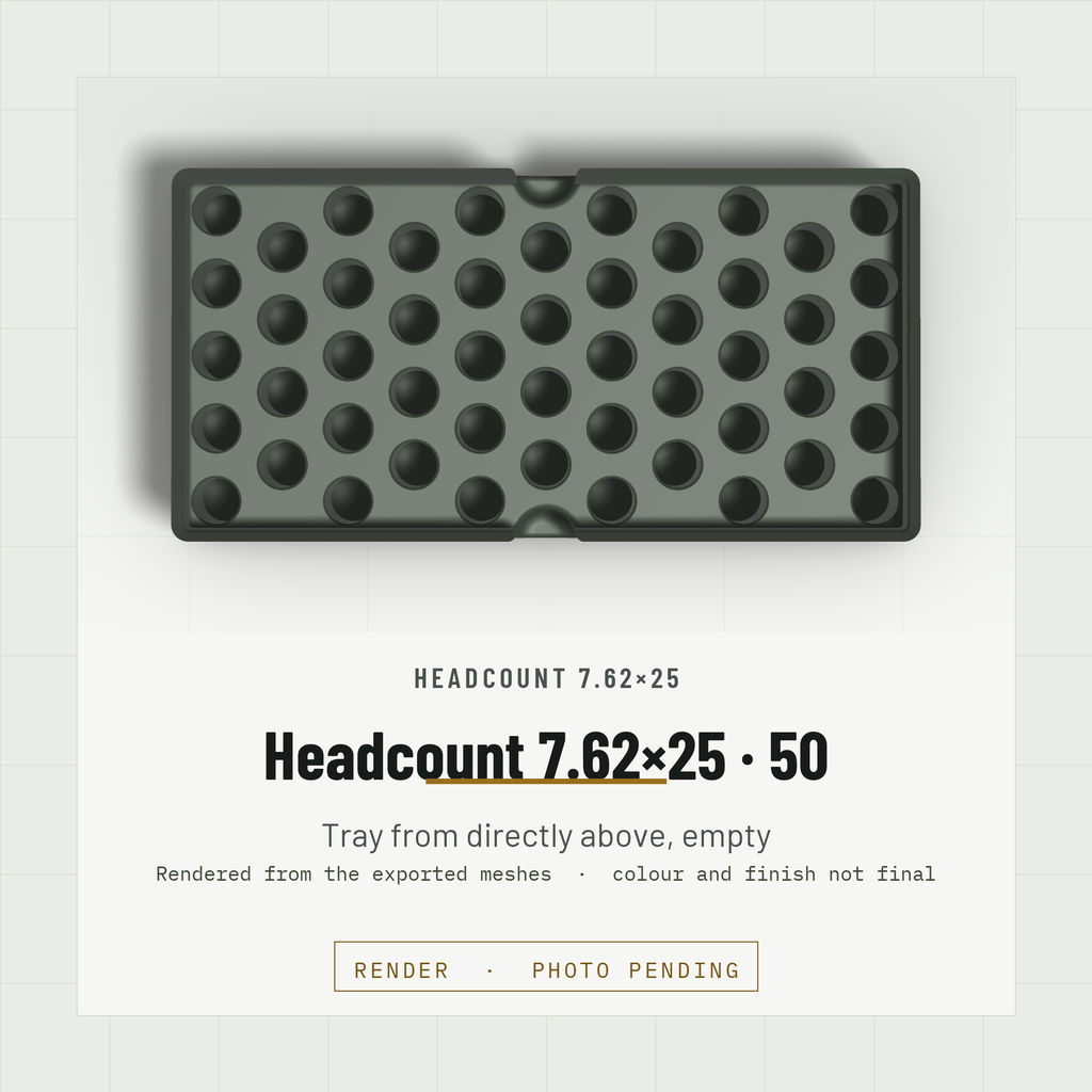Headcount 7.62×25 2×4 tray, empty, from directly above showing the hex field of 50 bores (render)