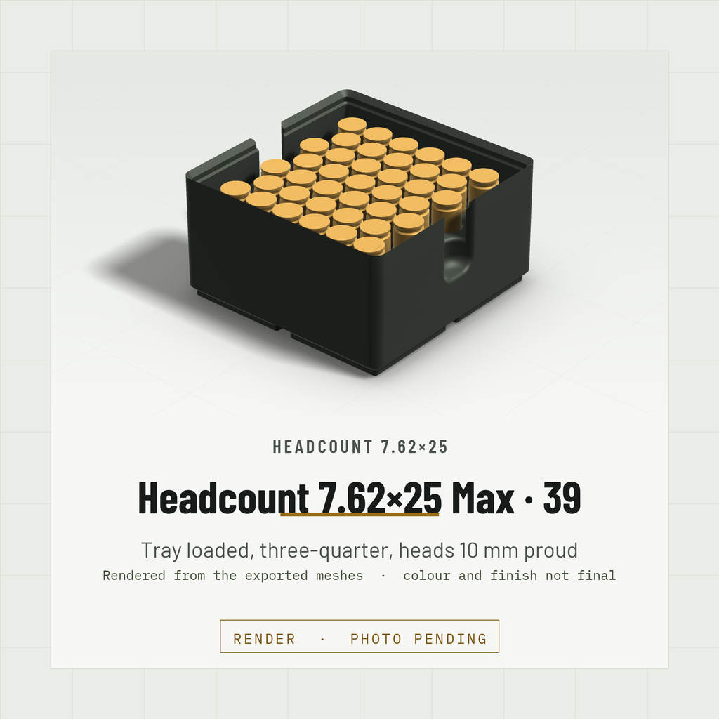 Headcount 7.62×25 Max Density 2×2 tray loaded with 39 rounds, three-quarter view, heads standing 10 mm proud of the hex field (render)