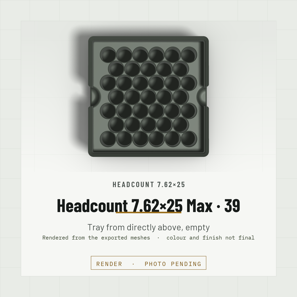 Headcount 7.62×25 Max Density 2×2 tray, empty, from directly above showing the hex field of 39 bores (render)
