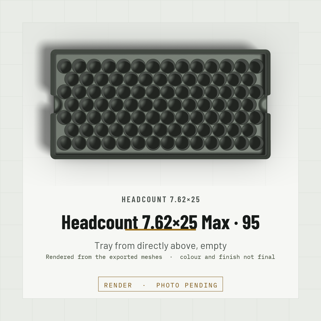 Headcount 7.62×25 Max Density 2×4 tray, empty, from directly above showing the hex field of 95 bores (render)