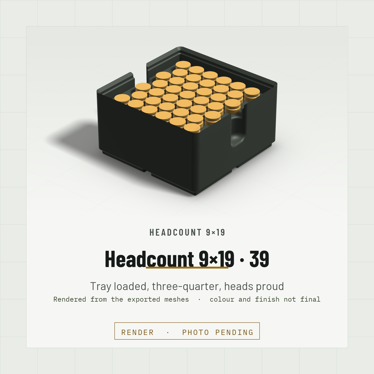 Headcount 9×19 2×2 tray loaded with 39 rounds, three-quarter view, heads standing 5 mm proud of the hex field (render)