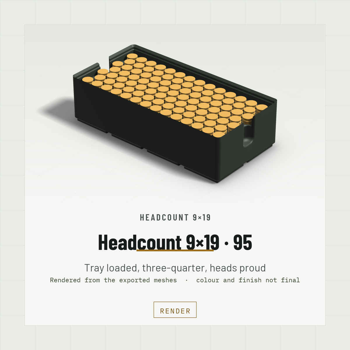 Headcount 9×19 2×4 tray loaded with 95 rounds, three-quarter view, heads standing 5 mm proud of the hex field (render)
