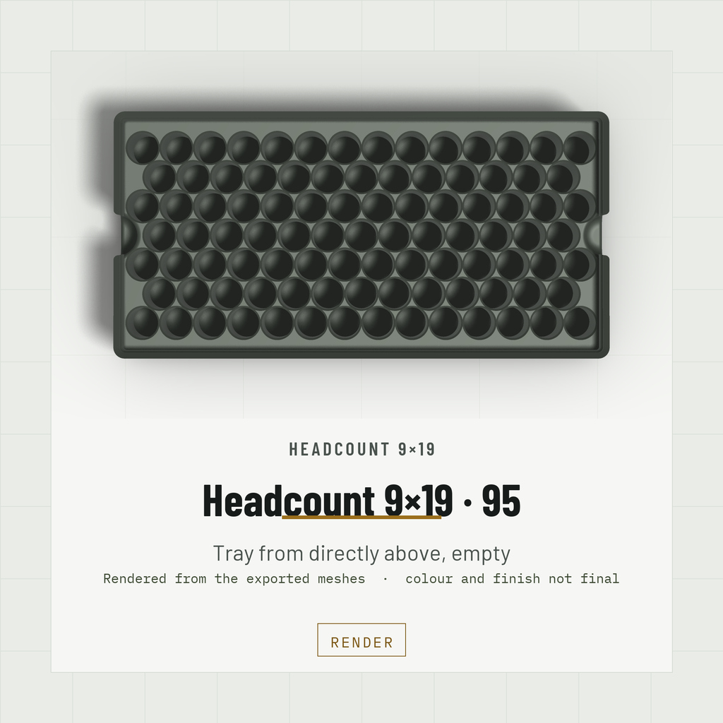 Headcount 9×19 2×4 tray, empty, from directly above showing the hex field of 95 bores (render)