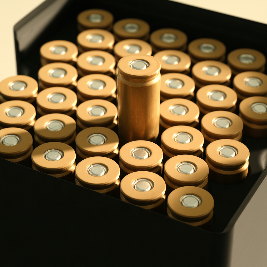 Headcount 9×19 tray, loaded, the brass case heads standing proud of the hex field, one round lifted part-way out