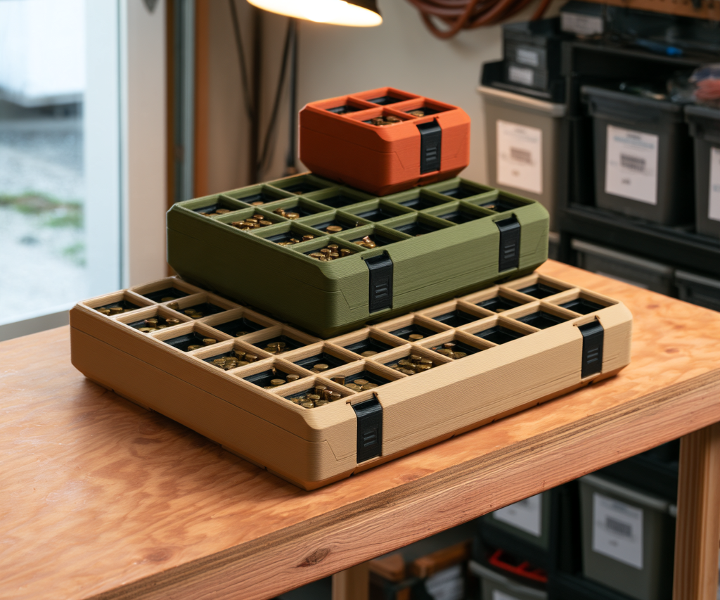 Bench Brass Range, Day and Pocket cases stacked on a garage shelf, in Army Beige, Army Green and Burnt Orange