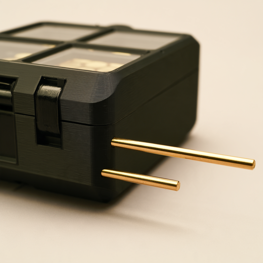 The hinge end of a black Pocket case, two brass hinge pins drawn part-way out of their bores